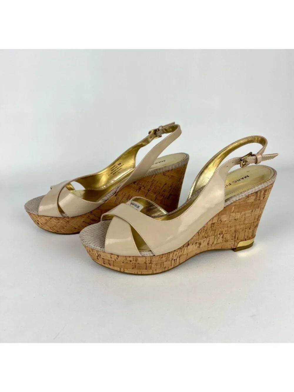 Marc Fisher Womens Wasin II Nude Tan Wedge Sandal Cork Platform Peep Toe size 9